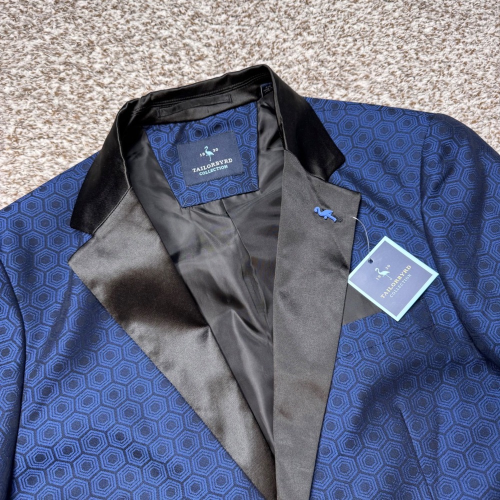 Tailorbyrd Mens 42R Blue Hexagonal Pattern Dinner Jacket Tuxedo Blazer New *READ